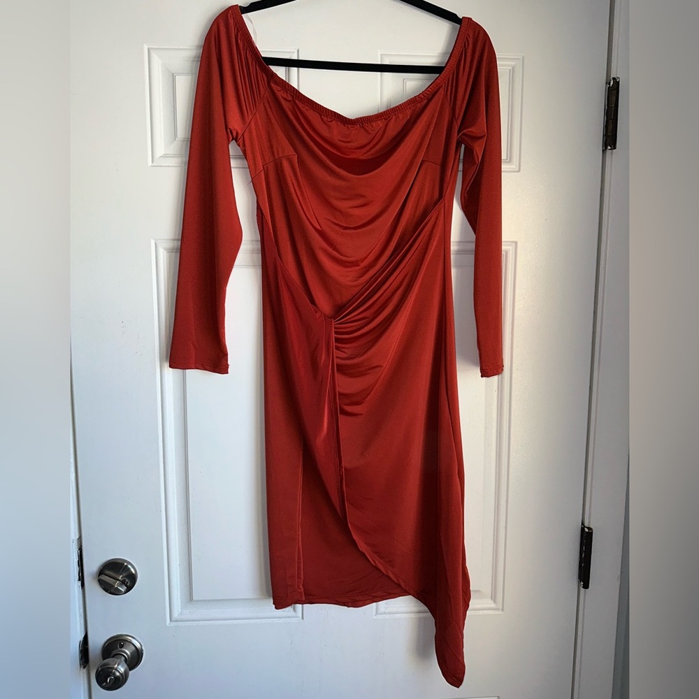 Fashion to Figure Orange Front Drape Bodycon Dress Off the shoulder size 0 xl 12